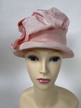 Vintage Pink Satin Womens Hat With Ruched Crown & Ribbon Accent
